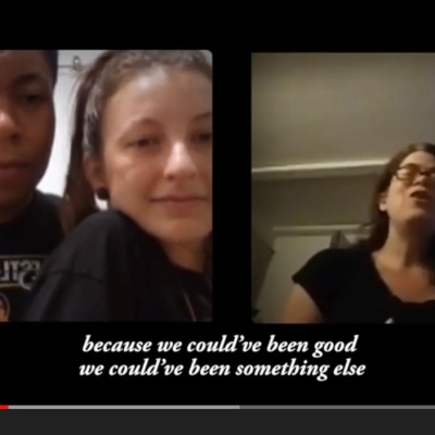 Screenshot from video. Transe and Hanna on the left, me on the right. Subtitles below that say we could’ve been good, we could’ve been something else.